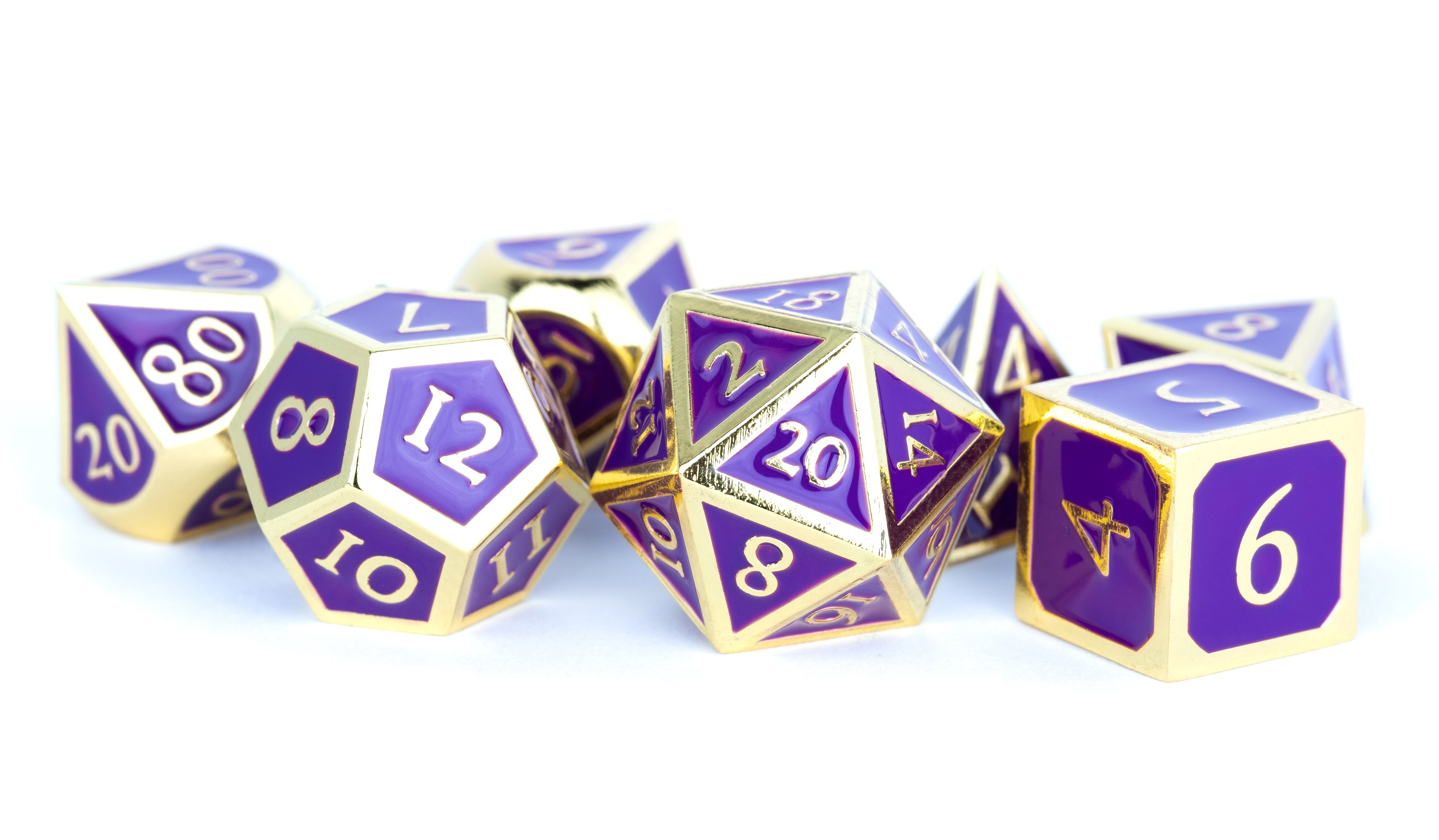 Gold with Purple Enamel 16mm Polyhedral Dice Set