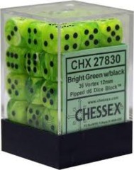 CHX27830 - Dice d6 Set: Bright Green/Black  - 12mm Six Sided Die (36) Block of Dice
