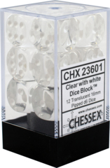 CHX23601 - Dice d6 Set: Clear with White Translucent - 16mm (12) Block of Dice