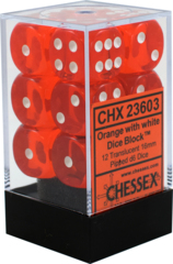 CHX23603 - Dice d6 Set: Orange with White Translucent - 16mm Six Sided Die (12) Block of Dice