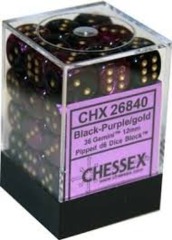 CHX26840 - Dice d6 Set: Black-Purple W/ Gold  - 12mm Six Sided Die (36) Block of Dice