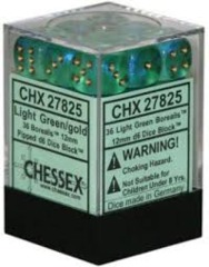 CHX27825 - Dice d6 Set: Light Green W/Gold Borealis  - 12mm Six Sided Die (36) Block of Dice