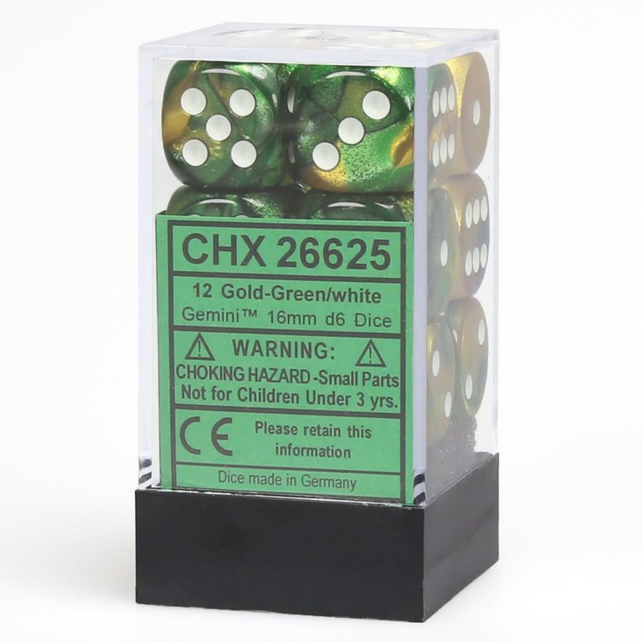 Gemini Gold-Green/white 16mm d6 Dice Block (12 dice)
