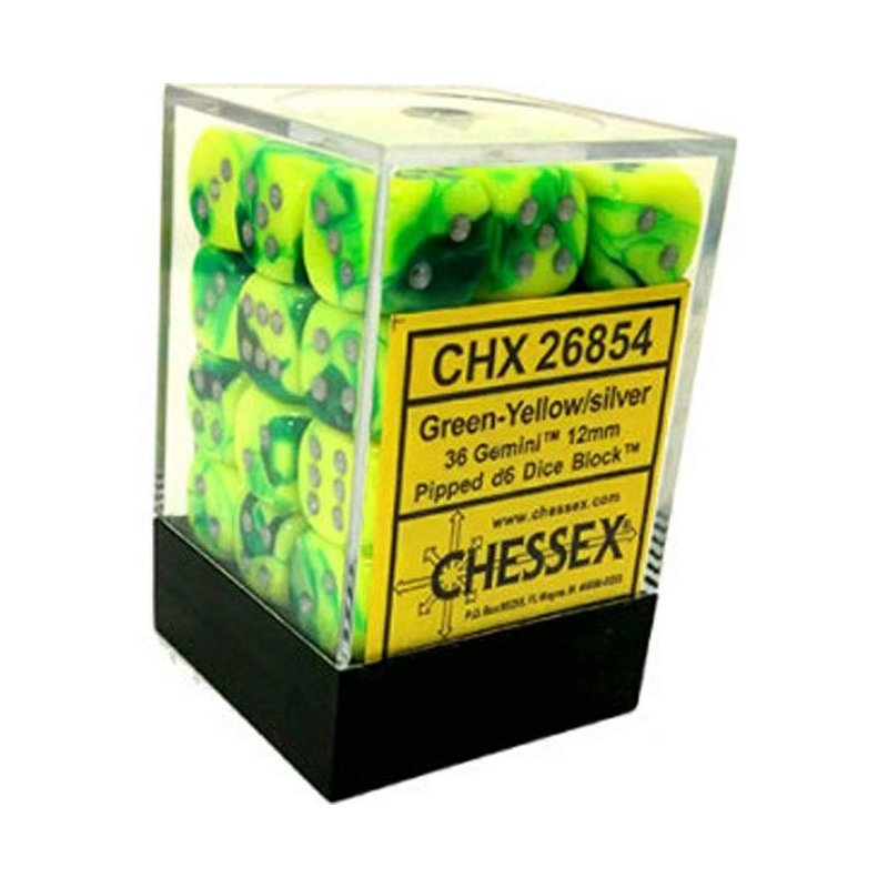 Gemini Green-Yellow/silver 12mm d6 Dice Block (36 dice)