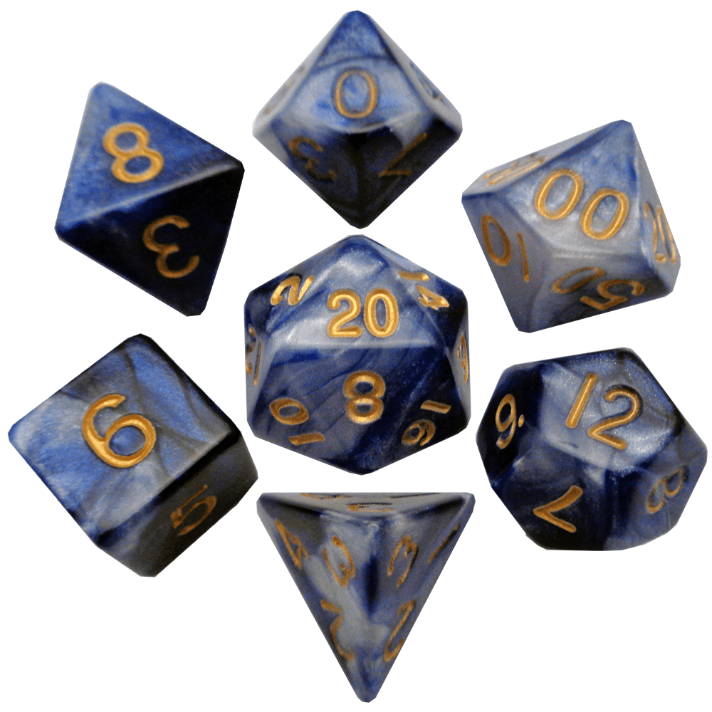 Blue/White with Gold Numbers 16mm Polyhedral Dice Set