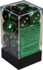 CHX26639 - Dice d6 Set: Black Green with Gold - 16mm (12) Block of Dice