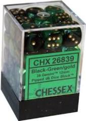 CHX26839 - Dice d6 Set: Black-Green/Gold  - 12mm Six Sided Die (36) Block of Dice