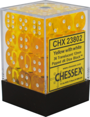 CHX23802 - Translucent Yellow W/ White 12mm d6 36 Dice Block