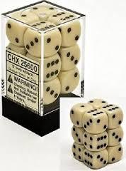 CHX25600 - Dice d6 Set: Ivory W/Black - 16mm (12) Block of Dice