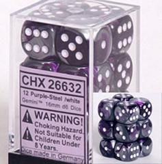 CHX26632 - Dice d6 Set: Purple-Steel with White - 16mm (12) Block of Dice
