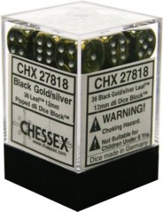 CHX27818 - Dice d6 Set: Black Gold W/Silver Leaf  - 12mm Six Sided Die (36) Block of Dice