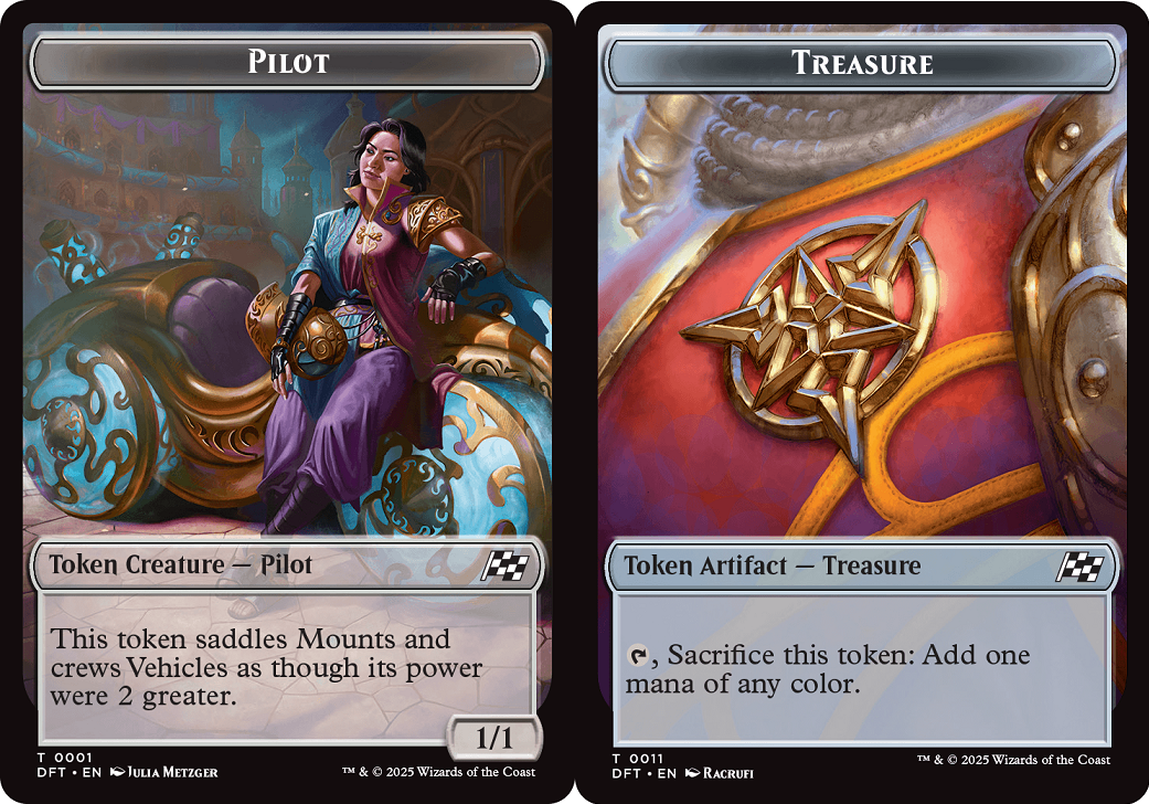 mtg cards that make pilot tokens Token (1/1) by Peter Mohrbacher This token saddles Mounts and crews Vehicles as though its power were 2 greater. {Pilot Token} // {Treasure Token}