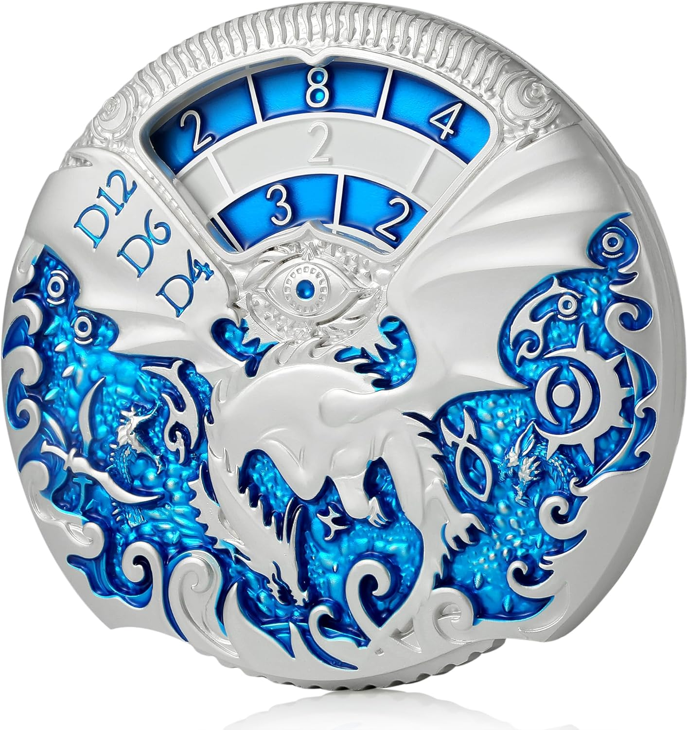 Metal Dragon Dice Spinner (D4,D6,D8,D12,D10,D20) Silver/Blue