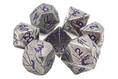 Old School 7 Piece DnD RPG Metal Dice Set: Orc Forged - Ancient Silver w/ Purple