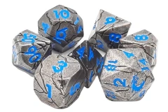 Old School 7 Piece DnD RPG Metal Dice Set: Orc Forged - Ancient Silver w/ Blue