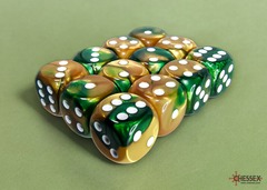 Gemini Gold-Green/white 16mm d6 Dice Block (12 dice)