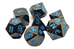 Old School 7 Piece DnD RPG Metal Dice Set: Halfling Forged - Black Nickel w/ Blue