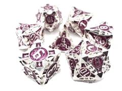 Old School 7 Piece DnD RPG Metal Dice Set: Gnome Forged - Silver w/ Purple