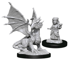 D&D NOLZUR'S MARVELOUS UNPAINTED MINIATURES  -  SILVER DRAGON WYRMLING & FEMALE HALFLING