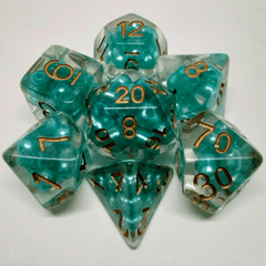 METALLIC DICE - 16MM RESIN POLY DICE SET - PEARL TEAL W/COPPER NUMBERS