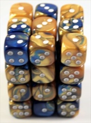 36 Blue-Gold/White Gemini12mm D6 Dice Block