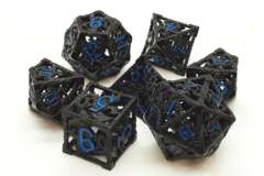 Old School 7 Piece DnD RPG Metal Dice Set - Hallow Dragon Dice - Black w/ Light Blue