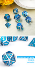 Metal & Enamel Dice Set (7pcs) Cyan & Silver