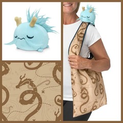 Plushie Tote Bag: Brown Dragon Map Tote Bag + Light Blue Dragon Plushie TET 6081-TY-541