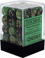 36 12mm D6 Dice Block Black - Green w/ Gold - CHX26839