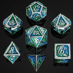 Solid Metal Dragon Dice Set: Silver w/Green & Blue