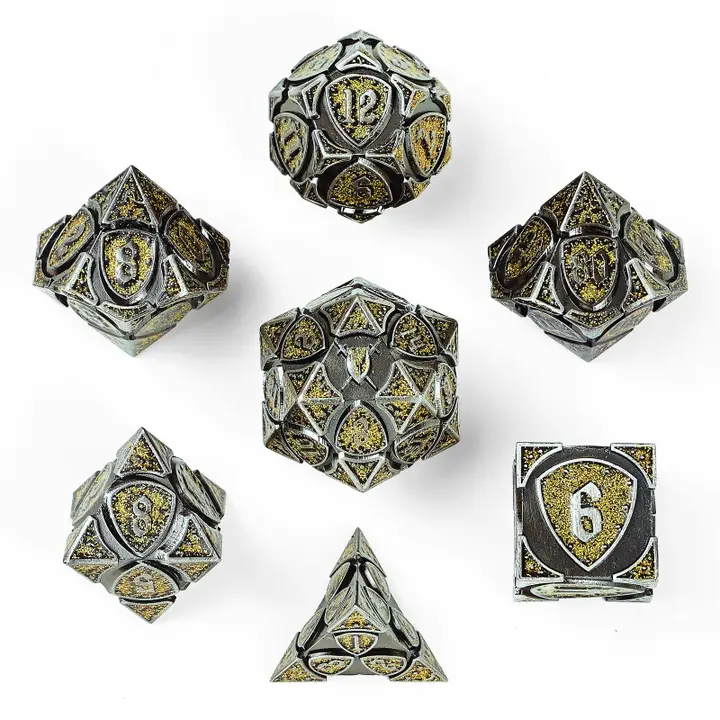 Solid Metal Fighter Rpg Dice Set - Ancient Silver W/Yellow
