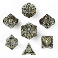 Solid Metal Fighter Rpg Dice Set - Ancient Silver W/Yellow