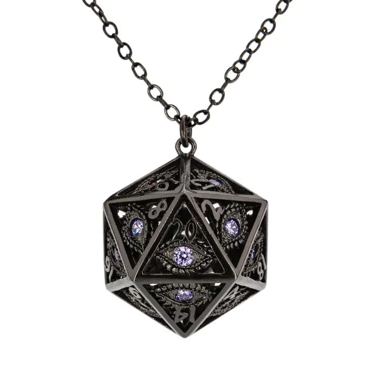 Dragons Eye D20 Necklace - Gunmetal with Purple Gems