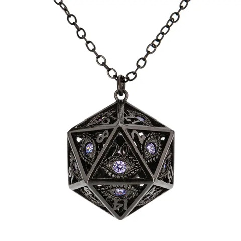 Dragons Eye D20 Necklace - Gunmetal with Purple Gems