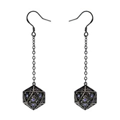 Dragon's Eye D20 Dice Earrings - Gunmetal with Purple Gems