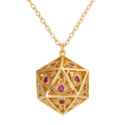 Dragons Eye D20 Necklace - Gold with Ruby Red Gems