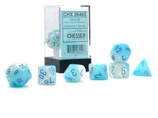 Chessex Dice Set: Gemini Luminary - Pearl Turquoise-White w/Blue - CHX26465