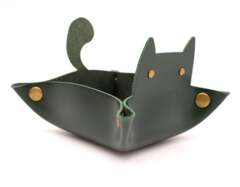 Leather Dice Tray Cat Shape Storage - Green