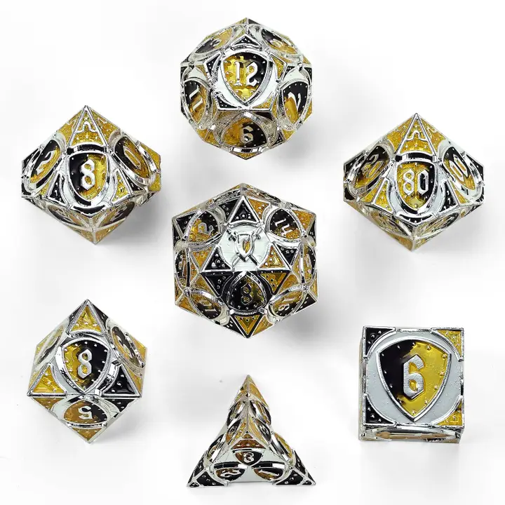 Solid Metal Fighter Class Rpg Dice Set - Silver/Yellow/Black
