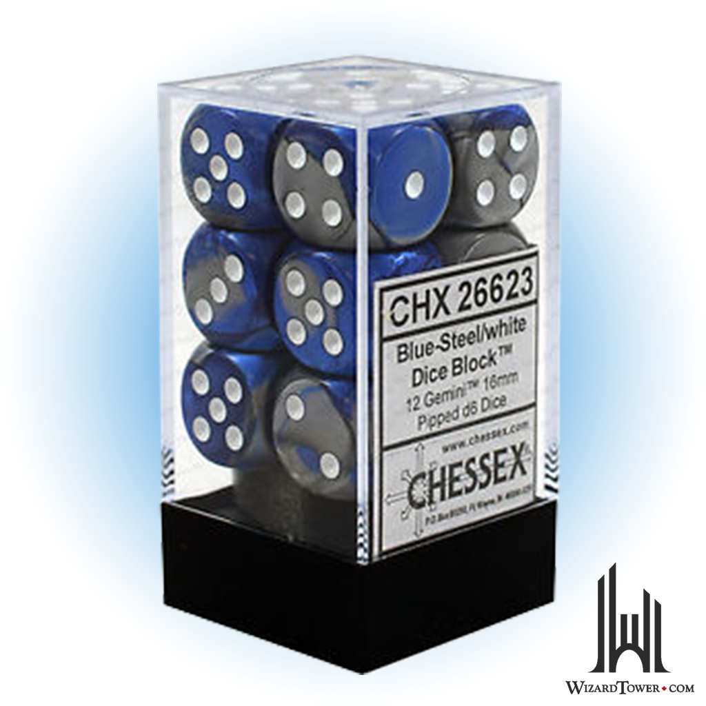 Gemini - 16mm d6 Dice Block - Blue-Steel / White