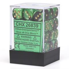 Chessex Gemini Black-Green with Gold Numbers 12 mm Dice 36