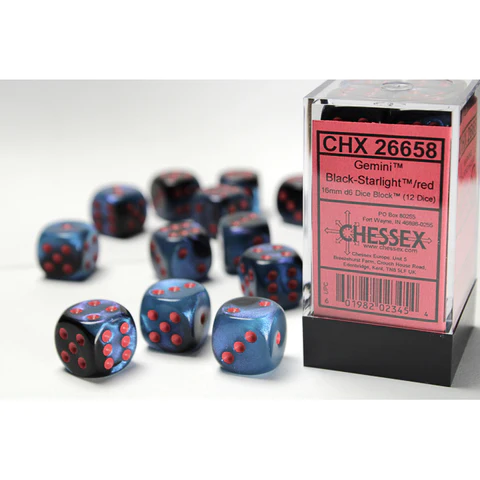 12 16mm Black-Starlight/Red Gemini D6 Dice Set - CHX26658