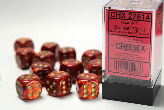 12 16mm Scarab Scarlet/Gold D6 Dice Set - CHX27614