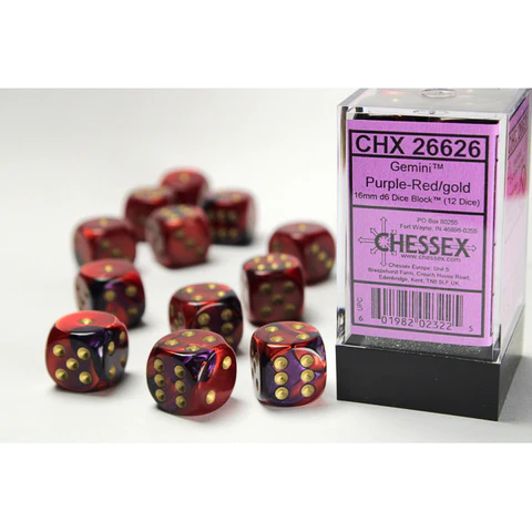 12 16mm Purple-Red/Gold Gemini D6 Dice Set - CHX26626