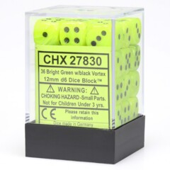 Chessex Dice: 12mm D6 36ct Vortex Bright Green Black CHX27830