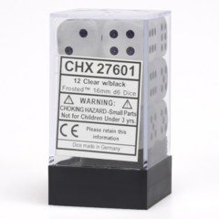 Chessex Dice: 16mm D6 12ct Frosted Clear Black CHX27601