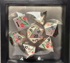 Dice Set: 7 Set Polyhedral Sharp Edge Heavy Metal Silver with Pink Flowers MM763