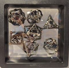 Dice Set: 7 Set Polyhedral Hollow Metal Captive Magic Dragon inside Silver Black MM782