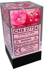 Chessex Dice: 16mm D6 12ct Ghostly Glow Pink Silver CHX27724