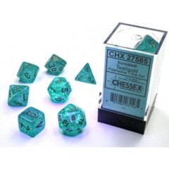 Chessex Dice: 7 Set Polyhedral Luminary (black light reactive) Borealis Teal Gold CHX27585